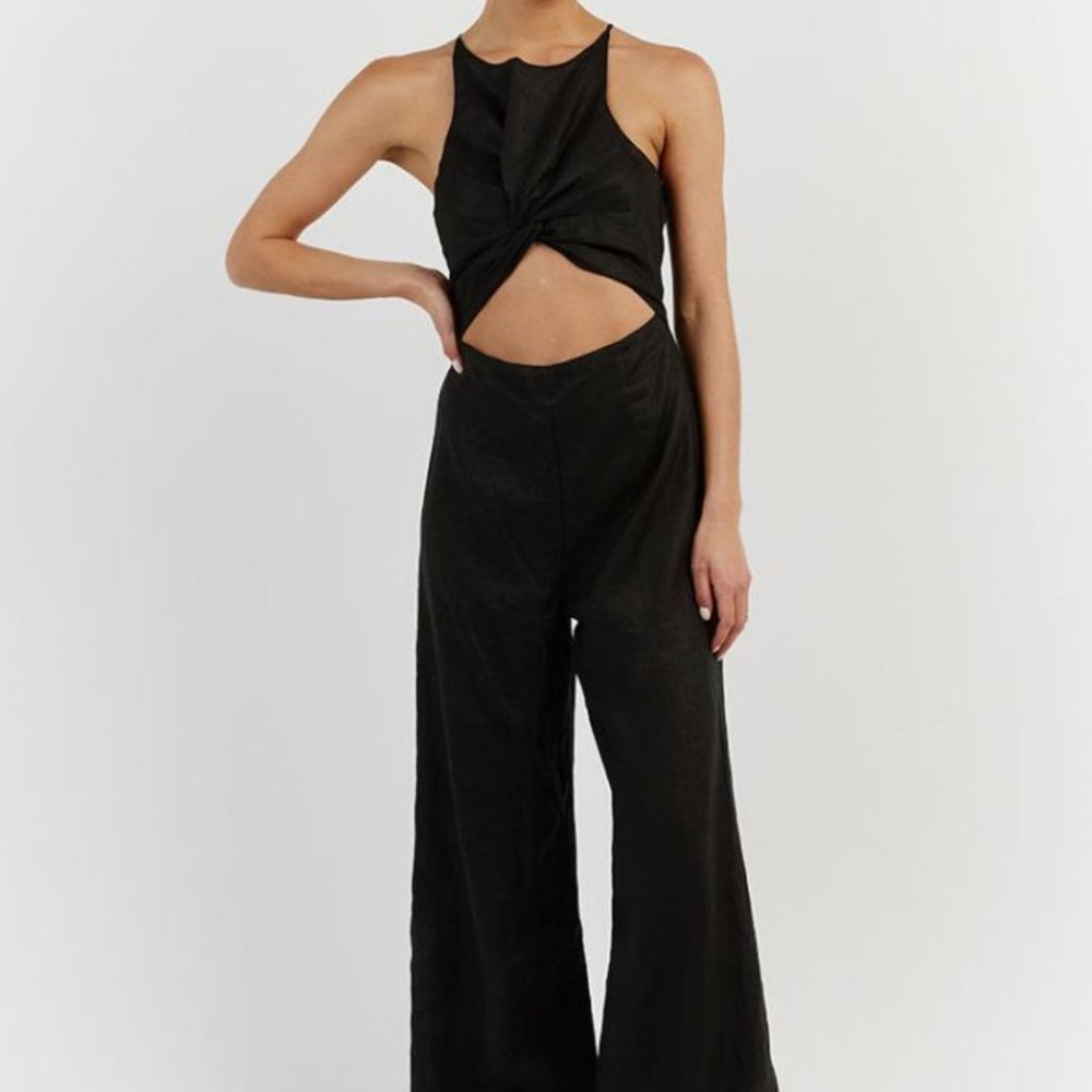 DISSH LEO BLACK LINEN KNOTTED JUMPSUIT, Black, US Size 4